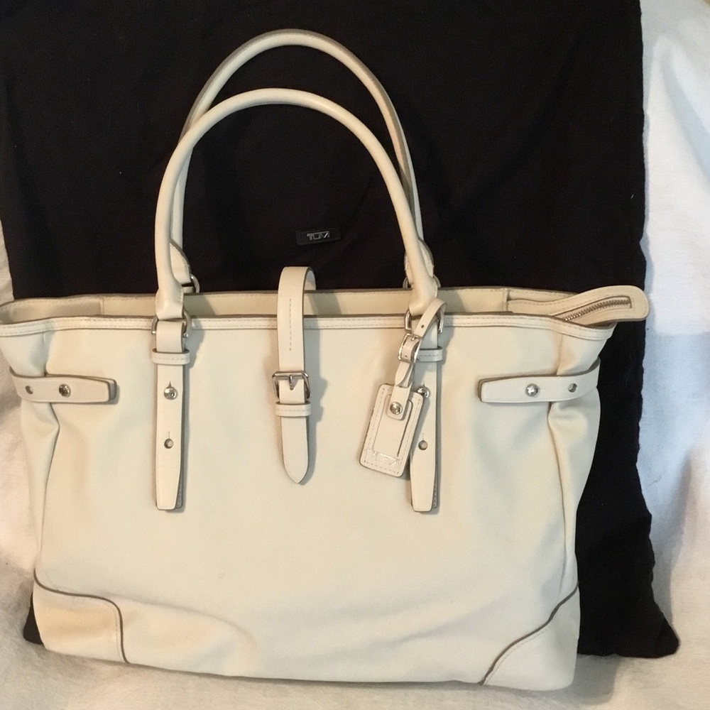 Tumi Ivory Leather Ladies Tote with Dual Handles and Buckle Detail